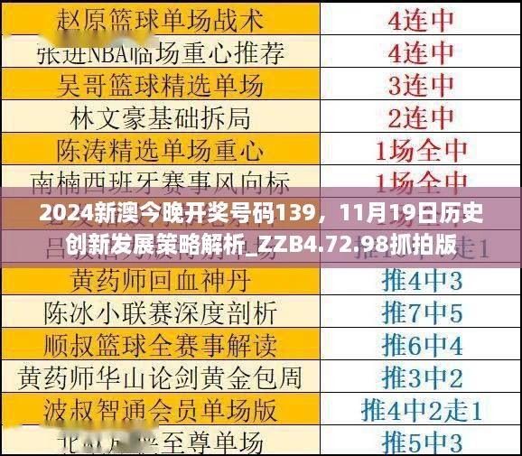 2024新澳今晚開獎號碼139，11月19日歷史創(chuàng)新發(fā)展策略解析_ZZB4.72.98抓拍版