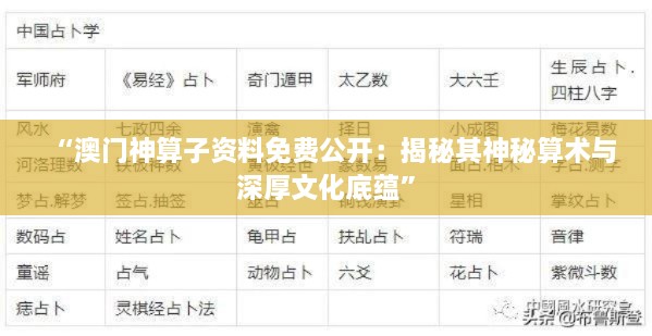 “澳門神算子資料免費(fèi)公開：揭秘其神秘算術(shù)與深厚文化底蘊(yùn)”